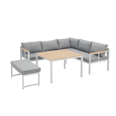 Salon de jardin d'angle 6 personnes - Aluminium - BAIA - canapé d'angle + 1 banc + table haute - Gris