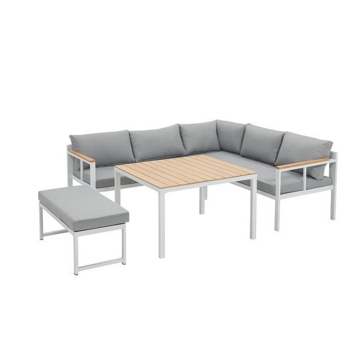Salon de jardin d'angle 6 personnes - Aluminium - BAIA - canapé d'angle + 1 banc + table haute - Gris Salon de jardin d'angle 6 personnes - Aluminium - BAIA - canapé d'angle + 1 banc + table haute - Gris