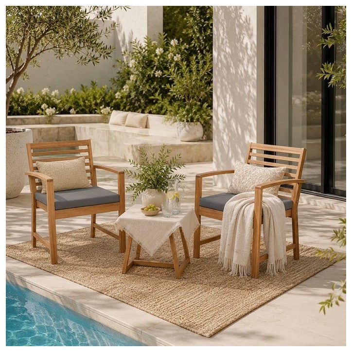 Salon de jardin en bois d'Acacia FSC avec coussins - CALI - 1 table café + 2 fauteuils - Gris - 2 personnes Salon de jardin en bois d'Acacia FSC avec coussins - CALI - 1 table café + 2 fauteuils - Gris - 2 personnes
