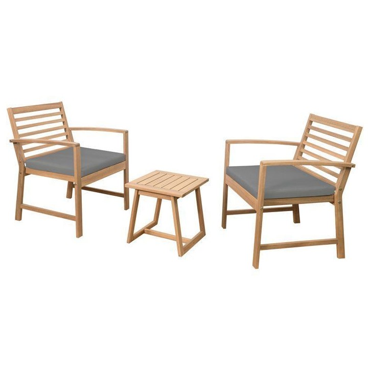Salon de jardin en bois d'Acacia FSC avec coussins - CALI - 1 table café + 2 fauteuils - Gris - 2 personnes Salon de jardin en bois d'Acacia FSC avec coussins - CALI - 1 table café + 2 fauteuils - Gris - 2 personnes