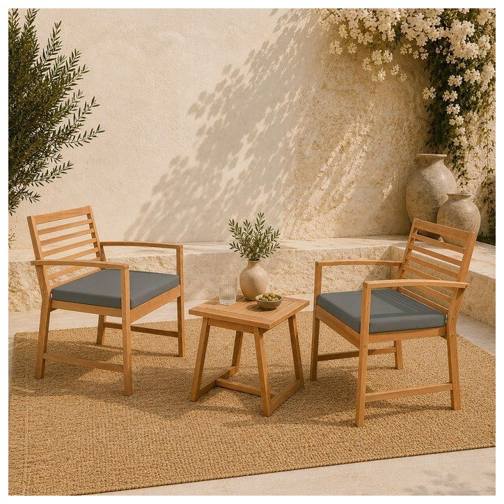 Salon de jardin en bois d'Acacia FSC avec coussins - CALI - 1 table café + 2 fauteuils - Gris - 2 personnes Salon de jardin en bois d'Acacia FSC avec coussins - CALI - 1 table café + 2 fauteuils - Gris - 2 personnes