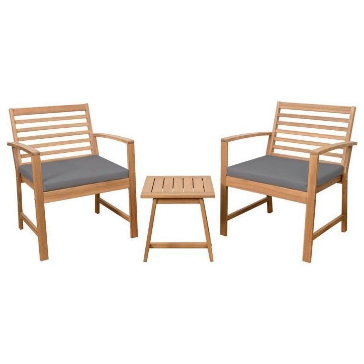 Salon de jardin en bois d'Acacia FSC avec coussins - CALI - 1 table café + 2 fauteuils - Gris - 2 personnes Salon de jardin en bois d'Acacia FSC avec coussins - CALI - 1 table café + 2 fauteuils - Gris - 2 personnes
