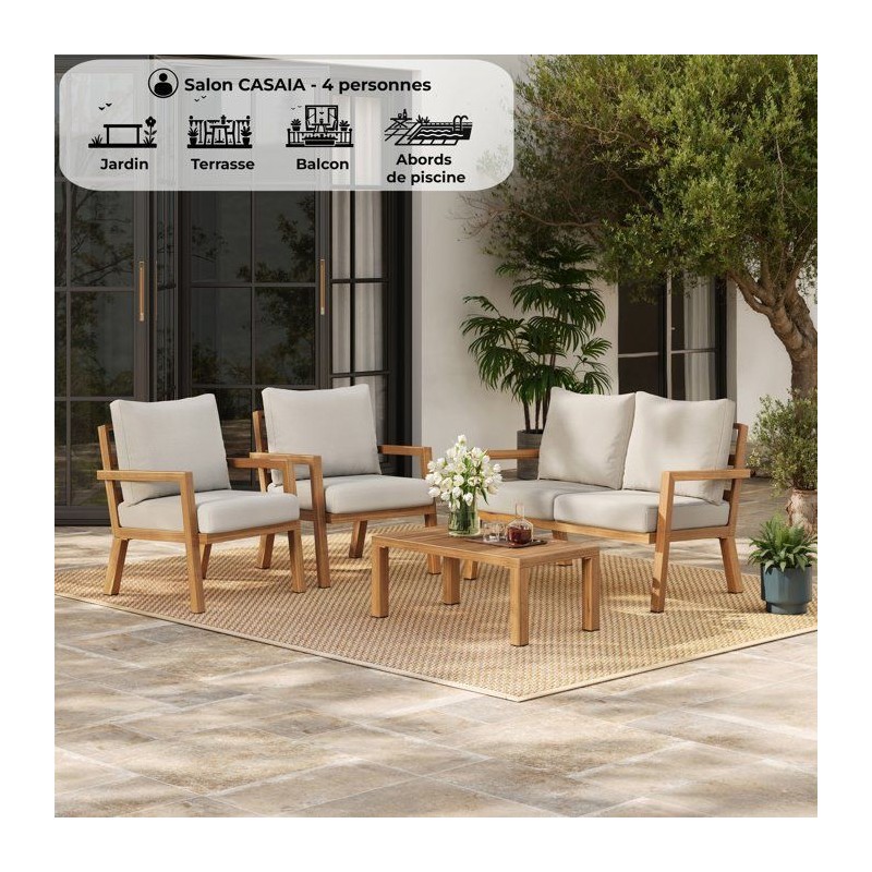 Salon de jardin - CASAIA - Aluminium effet bois - Gris clair - 4 perso