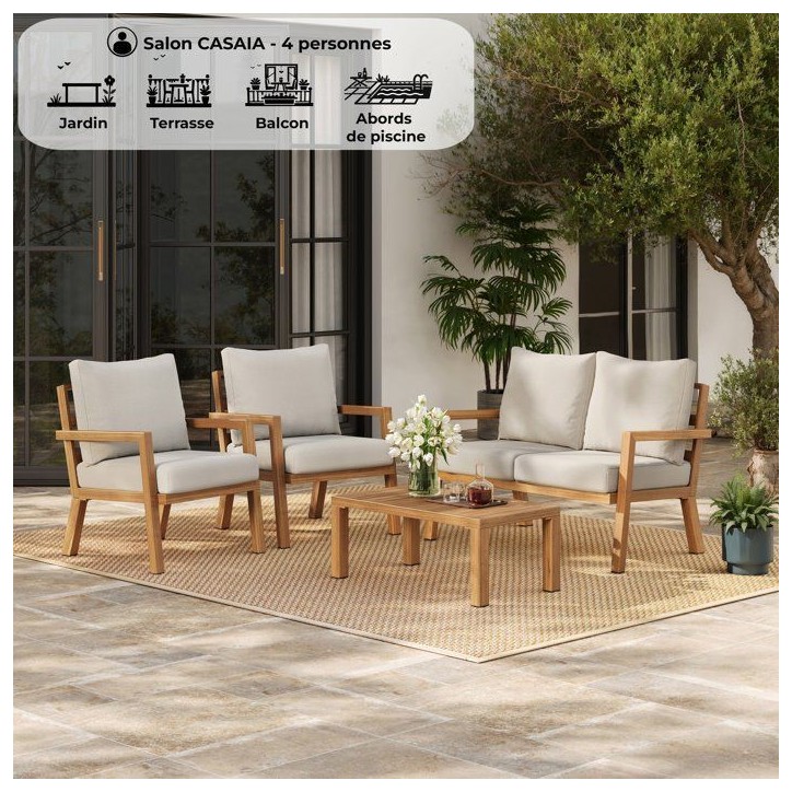 Salon de jardin - CASAIA - Aluminium effet bois - Gris clair - 4 personnes