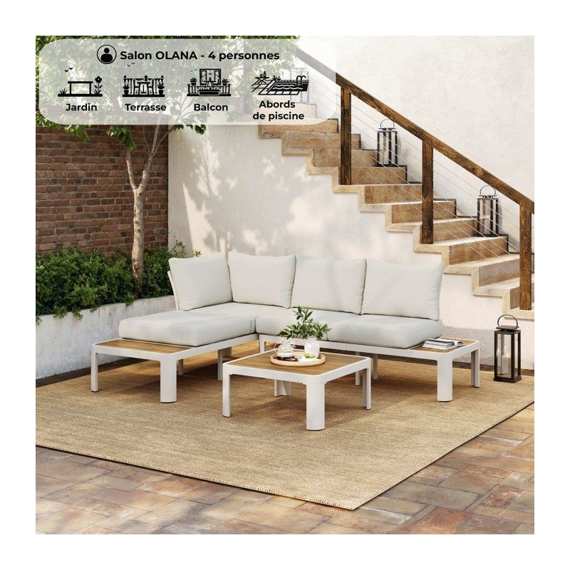 Salon de jardin - OLANA - Aluminium - Blanc et beige - 4 personnes