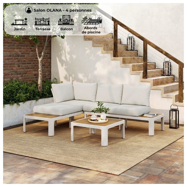 Salon de jardin - OLANA - Aluminium - Blanc et beige - 4 personnes Salon de jardin - OLANA - Aluminium - Blanc et beige - 4 personnes
