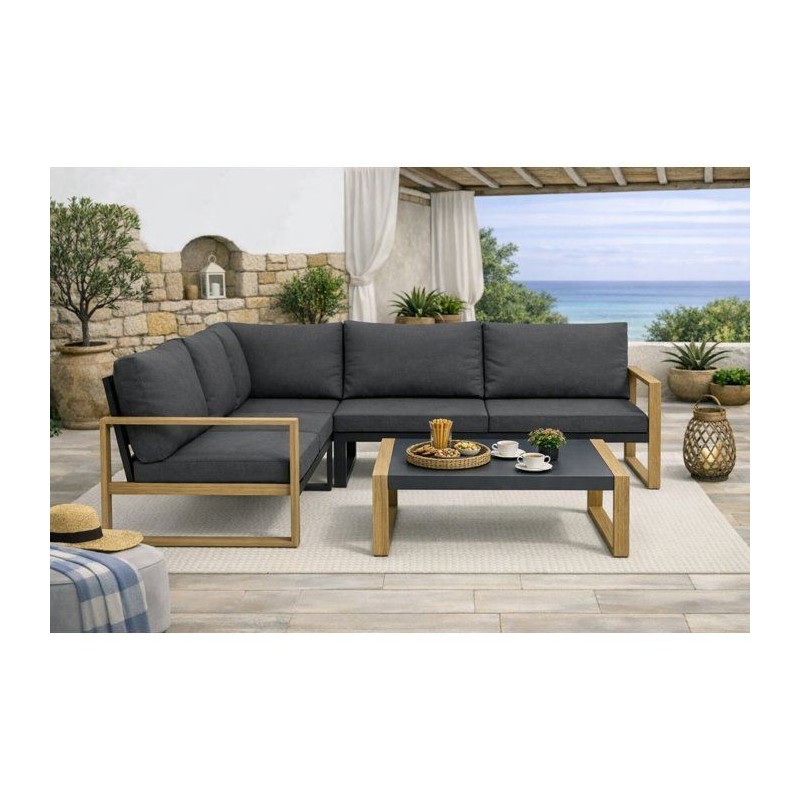 Salon de jardin d'angle - Aluminium effet bois - PUERTOCOR - 5 personn