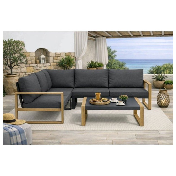 Salon de jardin d'angle - Aluminium effet bois - PUERTOCOR - 5 personnes + table basse Salon de jardin d'angle - Aluminium effet bois - PUERTOCOR - 5 personnes + table basse