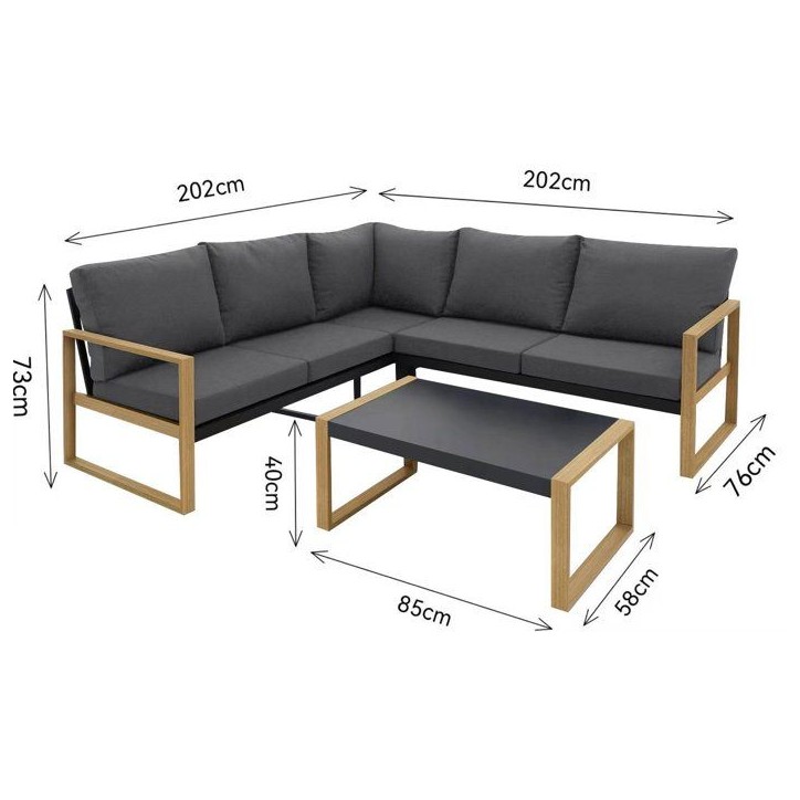 Salon de jardin d'angle - Aluminium effet bois - PUERTOCOR - 5 personnes + table basse Salon de jardin d'angle - Aluminium effet bois - PUERTOCOR - 5 personnes + table basse