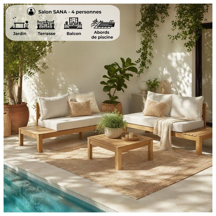 Salon de jardin - SANA - Bois acacia FSC - 1 table basse et 2 canapés - Gris clair - 4 personnes Salon de jardin - SANA - Bois acacia FSC - 1 table basse et 2 canapés - Gris clair - 4 personnes