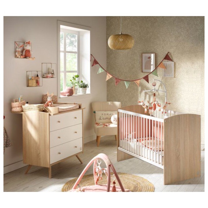 Chambre bébé duo - Lit 120 x 60 cm + Commode 3 tiroirs - Access - Bois chene doré/Blanc - SAUTHON Chambre bébé duo - Lit 120 x 60 cm + Commode 3 tiroirs - Access - Bois chene doré/Blanc - SAUTHON