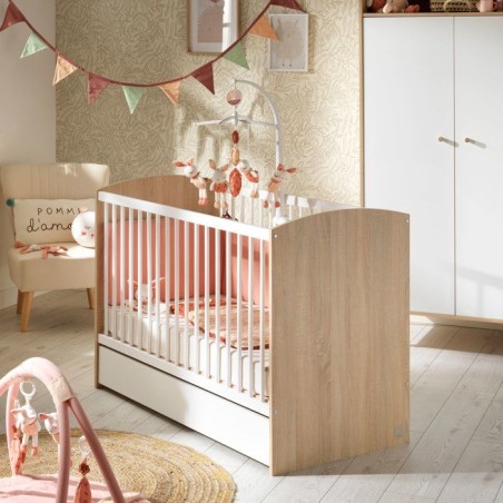 Chambre bébé duo - Lit 120 x 60 cm + Commode 3 tiroirs - Access - Bois chene doré/Blanc - SAUTHON