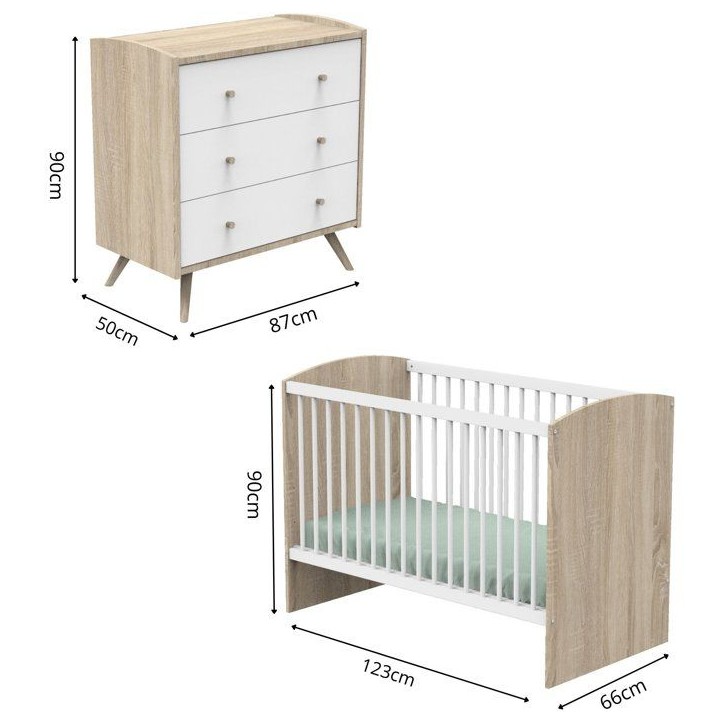 Chambre bébé duo - Lit 120 x 60 cm + Commode 3 tiroirs - Access - Bois chene doré/Blanc - SAUTHON Chambre bébé duo - Lit 120 x 60 cm + Commode 3 tiroirs - Access - Bois chene doré/Blanc - SAUTHON