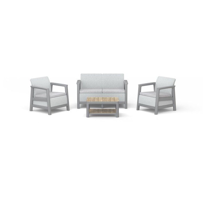 Salon bas de jardin - Résine - 4 personnes - Keter - Scandi Linea - Table 2 plateaux imitation bois - Imitation canage beige Salon bas de jardin - Résine - 4 personnes - Keter - Scandi Linea - Table 2 plateaux imitation bois - Imitation canage beige