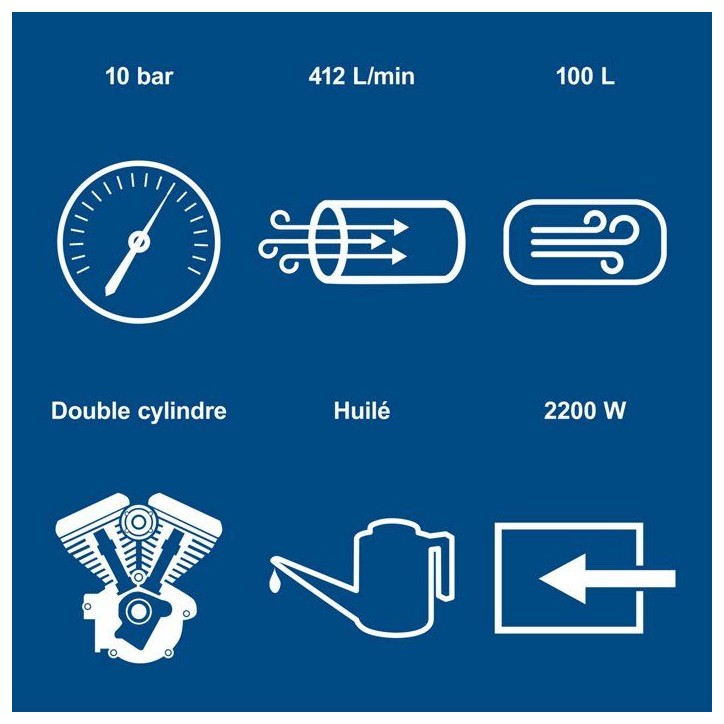 Compresseur d'air horizontal Scheppach HC120DC - 100 L - 2200 W - 10 bars - 3CV - Double cylindre a moteur lubrifié Compresseur d'air horizontal Scheppach HC120DC - 100 L - 2200 W - 10 bars - 3CV - Double cylindre a moteur lubrifié