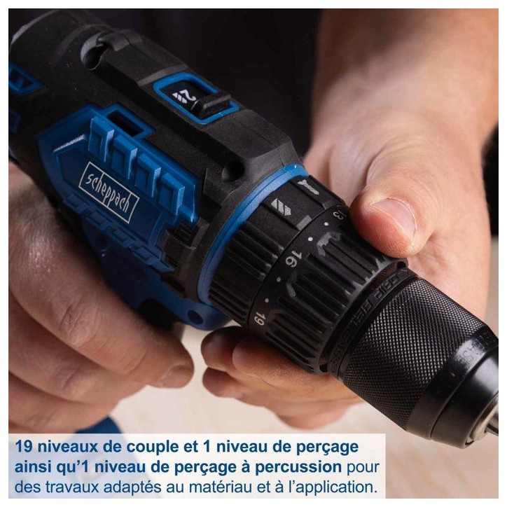 Perceuse visseuse sans fil BC-DD60-X - brushless 60 Nm mandrin 13mm - SCHEPPACH 20V IXES - Batterie 2Ah + chargeur 2.4A Perceuse visseuse sans fil BC-DD60-X - brushless 60 Nm mandrin 13mm - SCHEPPACH 20V IXES - Batterie 2Ah + chargeur 2.4A