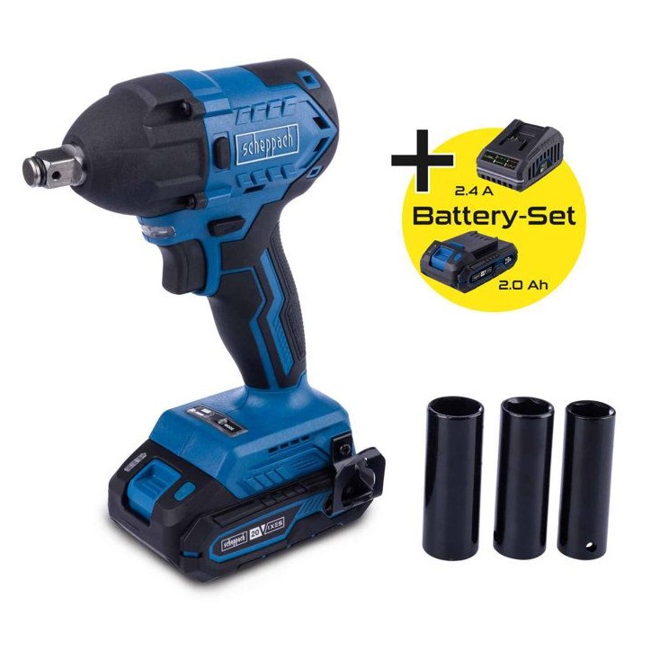 Clé a choc sans fil BC-IW350-X - 1/2 brushless 180Nm/350Nm 3600 bpm +3 douilles - SCHEPPACH 20V IXES - Batterie 2Ah + chargeur Clé a choc sans fil BC-IW350-X - 1/2 brushless 180Nm/350Nm 3600 bpm +3 douilles - SCHEPPACH 20V IXES - Batterie 2Ah + chargeur