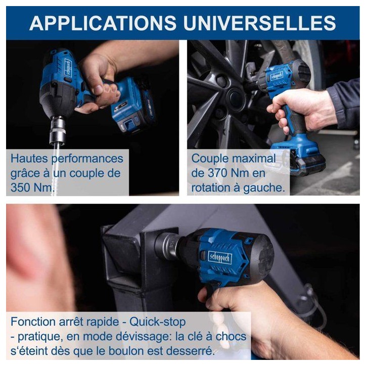 Clé a choc sans fil BC-IW350-X - 1/2 brushless 180Nm/350Nm 3600 bpm +3 douilles - SCHEPPACH 20V IXES - Batterie 2Ah + chargeur Clé a choc sans fil BC-IW350-X - 1/2 brushless 180Nm/350Nm 3600 bpm +3 douilles - SCHEPPACH 20V IXES - Batterie 2Ah + chargeur