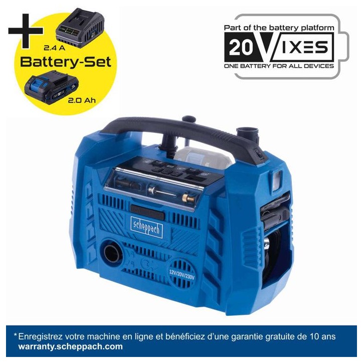 Compresseur sans fil Airforce 6 - pression max 10,3bars - 6 accessoires inclus - SCHEPPACH 20V IXES - Batterie 2Ah + chargeur 2.