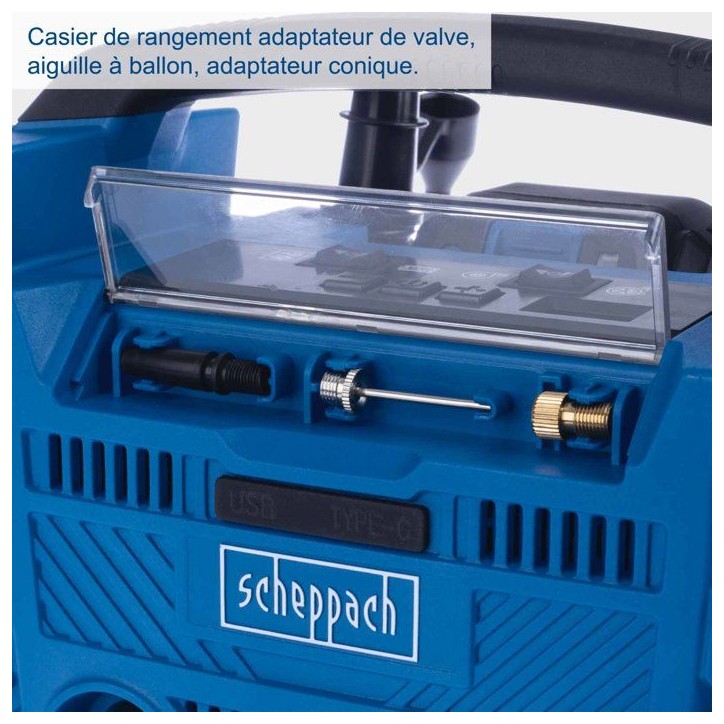 Compresseur sans fil Airforce 6 - pression max 10,3bars - 6 accessoires inclus - SCHEPPACH 20V IXES - Batterie 2Ah + chargeur 2.