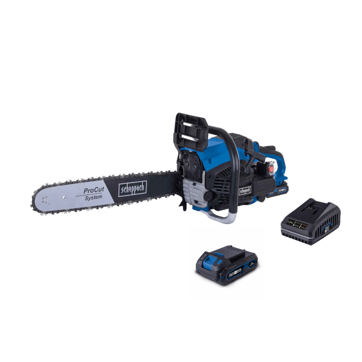 Tronçonneuse thermique a démarrage électrique SCHEPPACH - PCS56E - 51cm - 56 CC - Batterie 2,0 Ah 20 V + chargeur 2,4 A