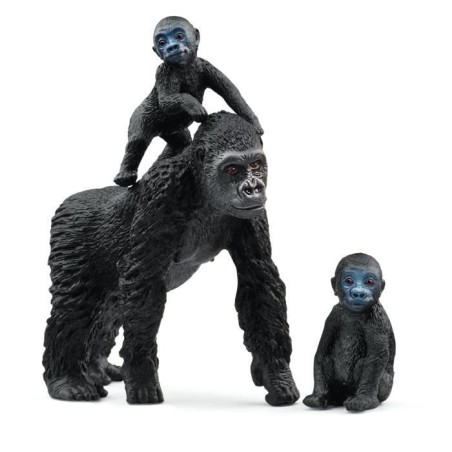 Figurine famille de Gorilles des Plaines, avec 1 maman gorille et ses 2 bébés, pour enfants des 3 ans - Schleich 42601 Wild li