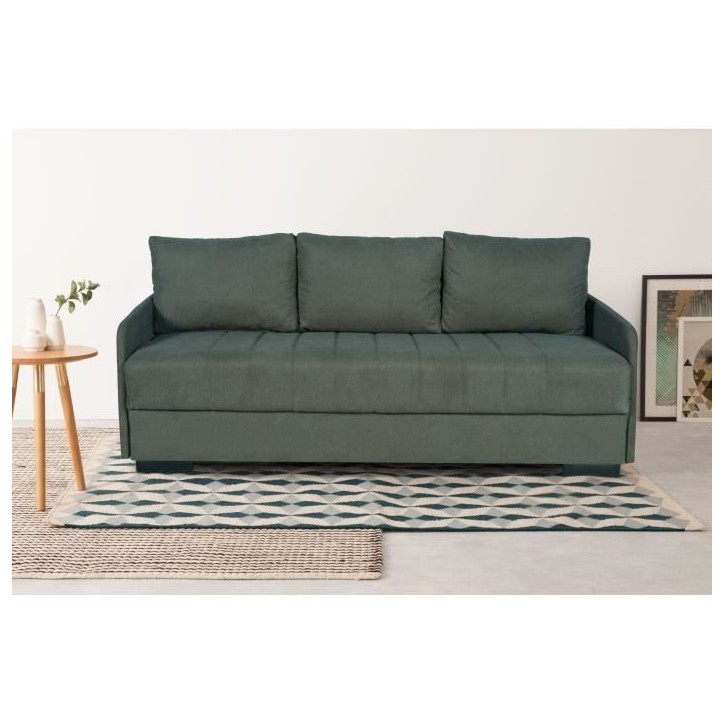 Canapé convertible 3 places - BETTA - Tissu vert foncé - Couchage 145 x 190 cm - Coffre de rangement - 200 x 95 x 91 cm