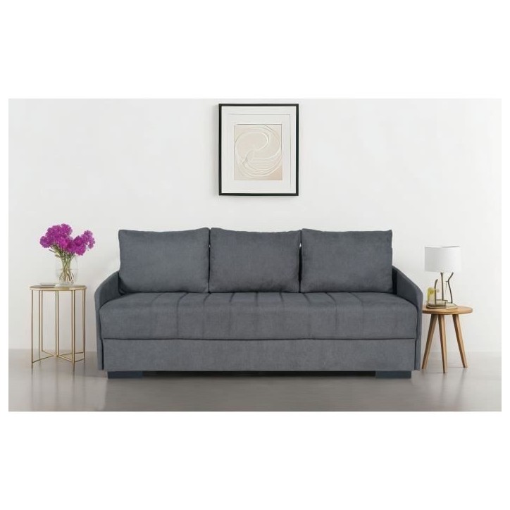 Canapé convertible 3 places - BETTA - Tissu gris clair - Couchage 145 x 190 cm - Coffre de rangement - 200 x 95 x 91 cm