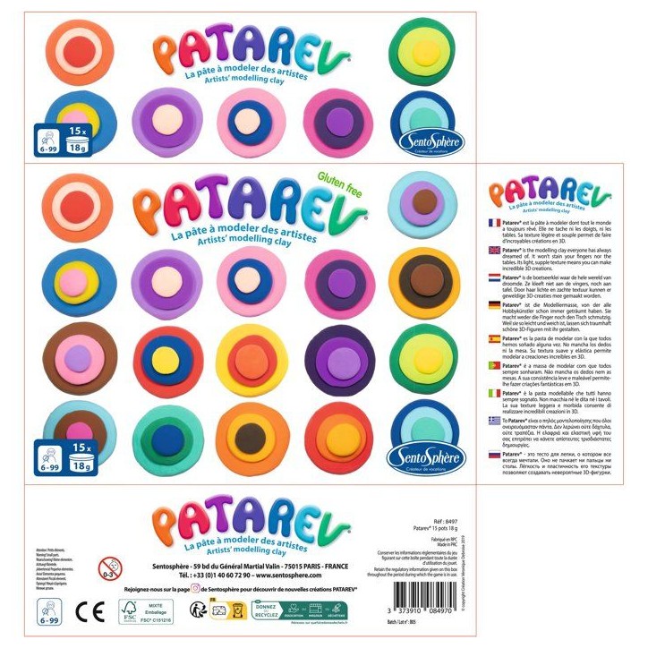 Pate a modeler autodurcissante - SENTOSPHERE - Patarev - Coffret 15 pots de 18g - Différentes Couleurs - Des 8 ans