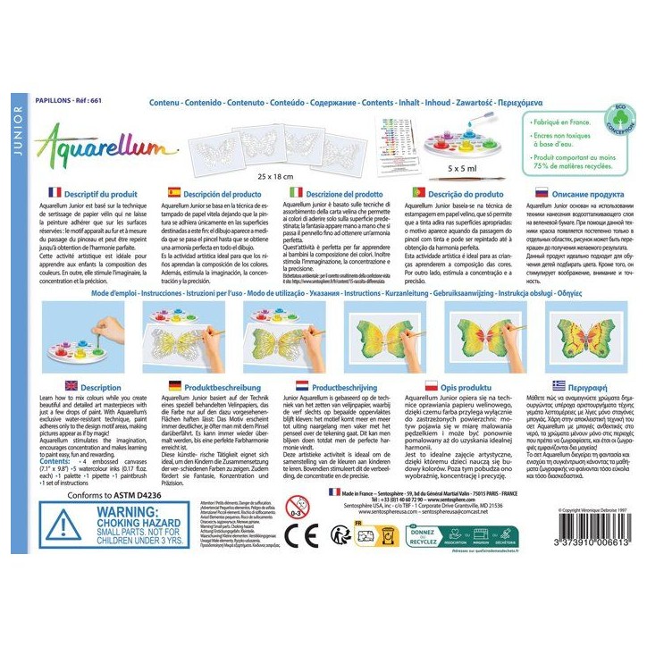 Peinture aquerelle - SENTOSPHERE - Aquarellum Junior - Papillons - 5 couleurs - Sertissage sur papier Vélin - Des 5 ans
