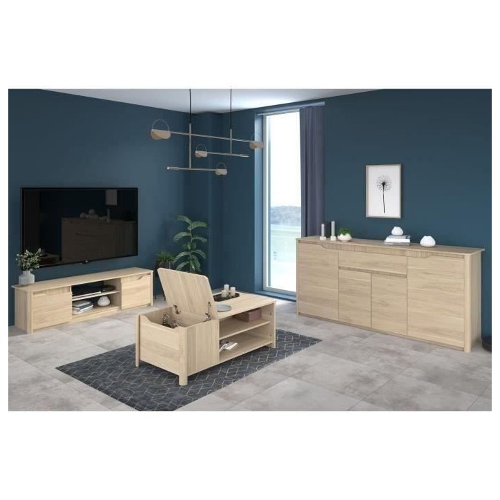 Ensemble Table basse avec coffre, Meuble Tv et Buffet - BETTY - Panneau de particules - Décor Chene - PARISOT