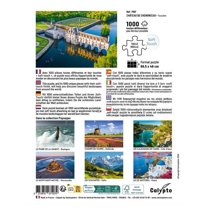 Puzzle - SENTOSPHERE - Calypto - 1000 pieces - Château de Chenonceau - Touraine - Toucher soyeux - Des 9 ans Puzzle - SENTOSPHERE - Calypto - 1000 pieces - Château de Chenonceau - Touraine - Toucher soyeux - Des 9 ans