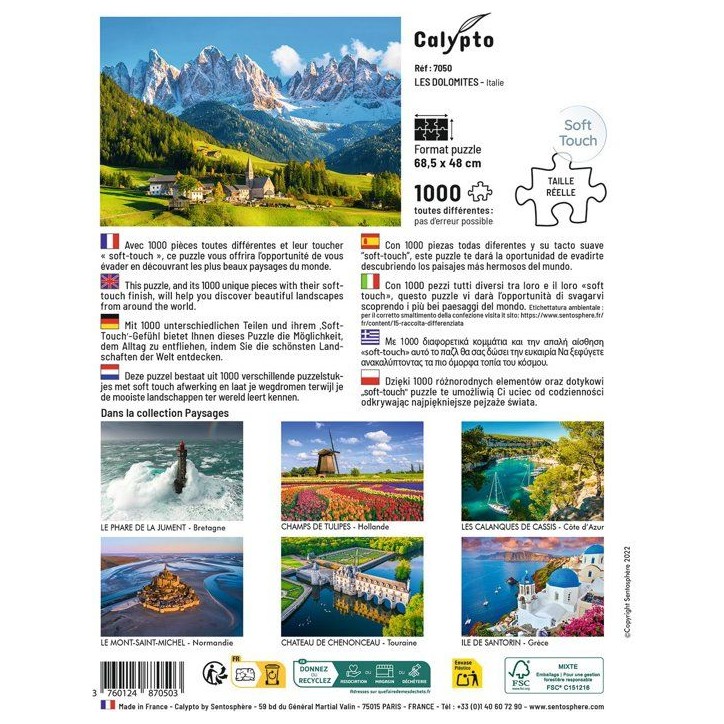 Puzzle - SENTOSPHERE - Calypto - 1000 pieces - Les Dolomites - Italie - Toucher soyeux - Des 9 ans Puzzle - SENTOSPHERE - Calypto - 1000 pieces - Les Dolomites - Italie - Toucher soyeux - Des 9 ans