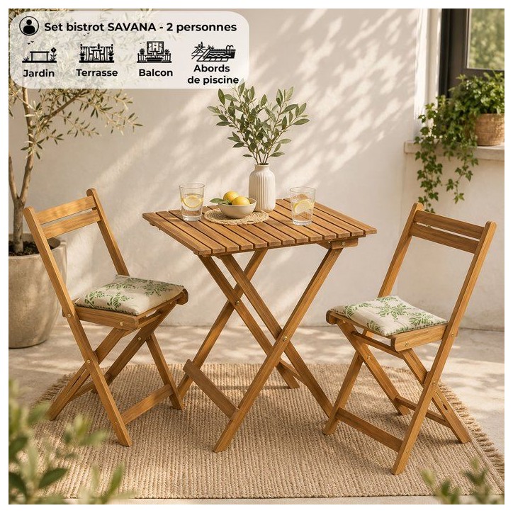 Set bistrot en bois d'acacia FSC - SAVANA - 1 table carrée 60 x 60 cm et de 2 chaises pliables - 2 personnes Set bistrot en bois d'acacia FSC - SAVANA - 1 table carrée 60 x 60 cm et de 2 chaises pliables - 2 personnes