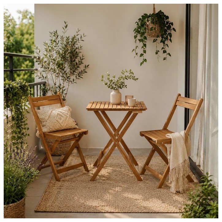 Set bistrot en bois d'acacia FSC - SAVANA - 1 table carrée 60 x 60 cm et de 2 chaises pliables - 2 personnes Set bistrot en bois d'acacia FSC - SAVANA - 1 table carrée 60 x 60 cm et de 2 chaises pliables - 2 personnes