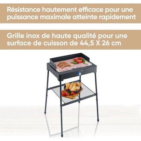 Barbecue électrique sur pieds - SEVERIN - PG8566 - 2200 W - Surface de cuisson 44,5 x 26 cm - Thermostat réglable - Noir
