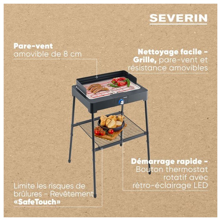 Barbecue électrique sur pieds - SEVERIN - PG8566 - 2200 W - Surface de cuisson 44,5 x 26 cm - Thermostat réglable - Noir Barbecue électrique sur pieds - SEVERIN - PG8566 - 2200 W - Surface de cuisson 44,5 x 26 cm - Thermostat réglable - Noir