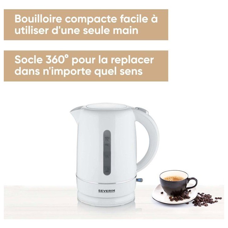 Bouilloire électrique sans fil 1,7L - SEVERIN - WK4325 - 1,7 L - Socle 360 - Résistance cachée - Nettoyage facile, Blanc Bouilloire électrique sans fil 1,7L - SEVERIN - WK4325 - 1,7 L - Socle 360 - Résistance cachée - Nettoyage facile, Blanc