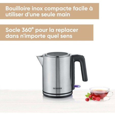 Bouilloire 1L compacte a ouverture extra large - SEVERIN - WK 3489- 2 400 W, Socle 360°, Filtre anticalcair, Noir/inox