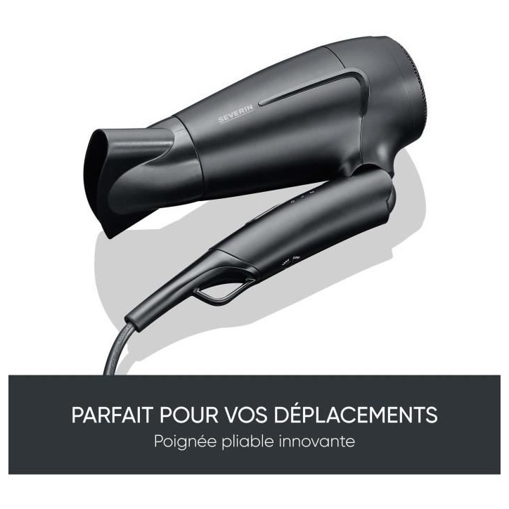 Seche-cheveux de voyage compact - SEVERIN - HT 0159 - Diffuseur & Concentrateur - 1600 W - Poignée pliable - Noir Seche-cheveux de voyage compact - SEVERIN - HT 0159 - Diffuseur & Concentrateur - 1600 W - Poignée pliable - Noir