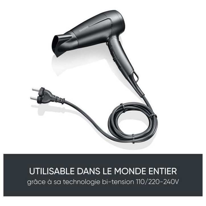 Seche-cheveux de voyage compact - SEVERIN - HT 0159 - Diffuseur & Concentrateur - 1600 W - Poignée pliable - Noir Seche-cheveux de voyage compact - SEVERIN - HT 0159 - Diffuseur & Concentrateur - 1600 W - Poignée pliable - Noir