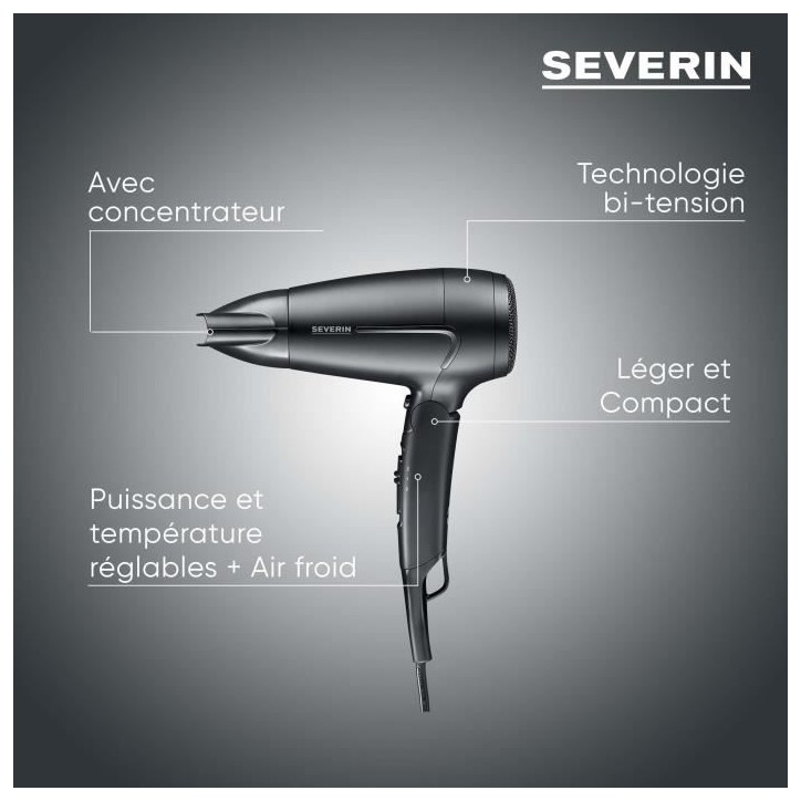 Seche-cheveux de voyage compact - SEVERIN - HT 0159 - Diffuseur & Concentrateur - 1600 W - Poignée pliable - Noir Seche-cheveux de voyage compact - SEVERIN - HT 0159 - Diffuseur & Concentrateur - 1600 W - Poignée pliable - Noir