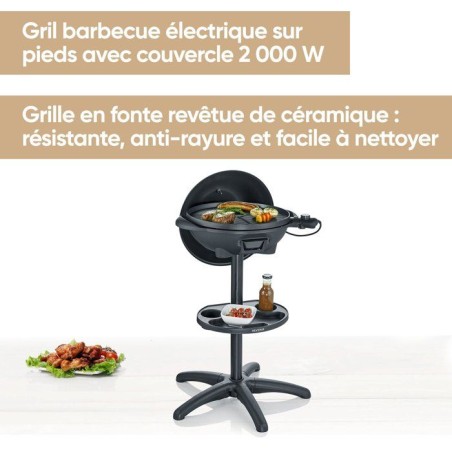 Barbecue électrique sur pieds - SEVERIN - PG8541 - 2000 W - Grande surface de cuisson Ø 41 cm - Thermostat réglable - Noir ma