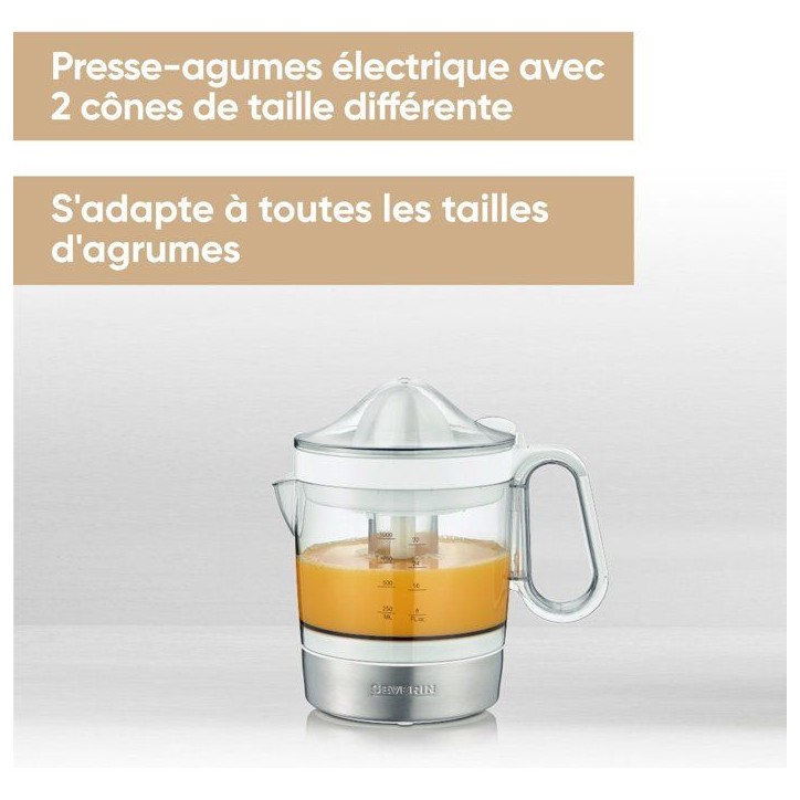 Presse-agrumes électrique 1L - SEVERIN - CP3535 - Avec 2 cônes amovibles - réservoir XXL de 1L - 40 W - blanc Presse-agrumes électrique 1L - SEVERIN - CP3535 - Avec 2 cônes amovibles - réservoir XXL de 1L - 40 W - blanc