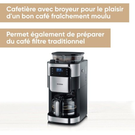 Cafetiere filtre avec broyeur intégré - SEVERIN - KA4813 - Machine a café écran tactile - verseuse 10 tasses - Noir/Inox