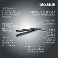 Fer a lisser ionique - SEVERIN - HG 0622 - Revetement céramique - Indicateur température LED - Chauffe rapide - Noir