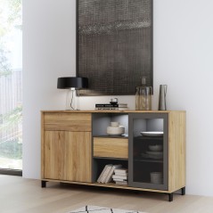 Buffet SOUTH BEACH – Finition Chene Mauvella & Gris Foncé – 2 Portes dont 1 Vitrée – 147 × 39,7 × 82,4 cm