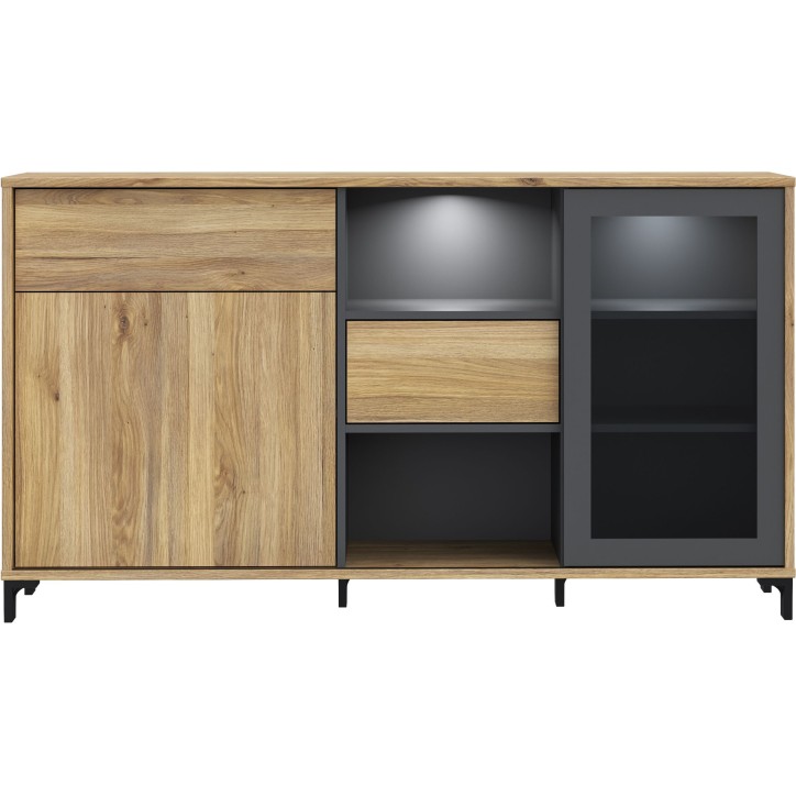 Buffet SOUTH BEACH – Finition Chene Mauvella & Gris Foncé – 2 Portes dont 1 Vitrée – 147 × 39,7 × 82,4 cm Buffet SOUTH BEACH – Finition Chene Mauvella & Gris Foncé – 2 Portes dont 1 Vitrée – 147 × 39,7 × 82,4 cm