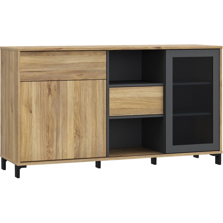 Buffet SOUTH BEACH – Finition Chene Mauvella & Gris Foncé – 2 Portes dont 1 Vitrée – 147 × 39,7 × 82,4 cm Buffet SOUTH BEACH – Finition Chene Mauvella & Gris Foncé – 2 Portes dont 1 Vitrée – 147 × 39,7 × 82,4 cm
