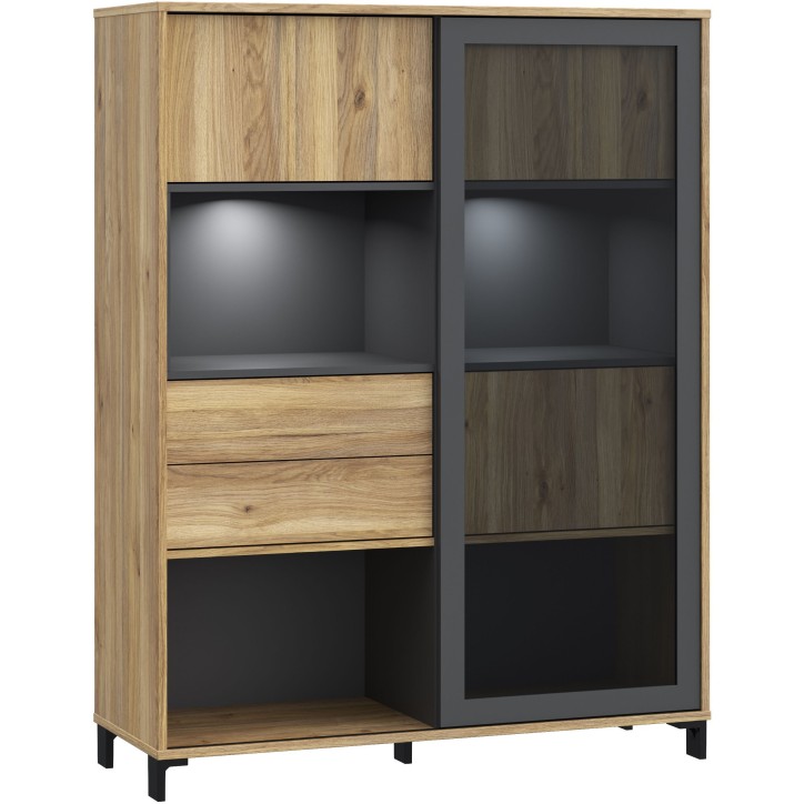 Vitrine SOUTH BEACH – Finition Chene Mauvella / Gris Foncé – 3 Portes dont 2 Vitrées – 2 Tiroirs – 115,5 × 39,7 × 14 Vitrine SOUTH BEACH – Finition Chene Mauvella / Gris Foncé – 3 Portes dont 2 Vitrées – 2 Tiroirs – 115,5 × 39,7 × 14